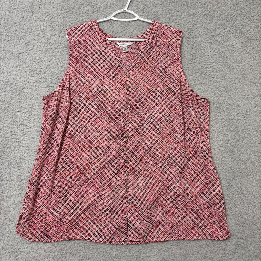 Sleeveless Button Front Blouse Plus Size 2X Pink Abstract Print Office Ready